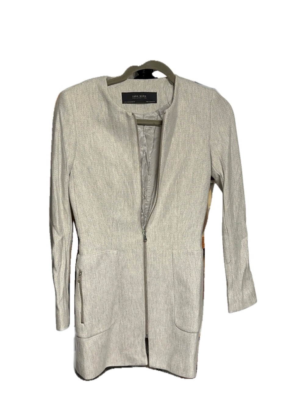 Zara Woman Light Cream Collarless Longline Zip Jacket